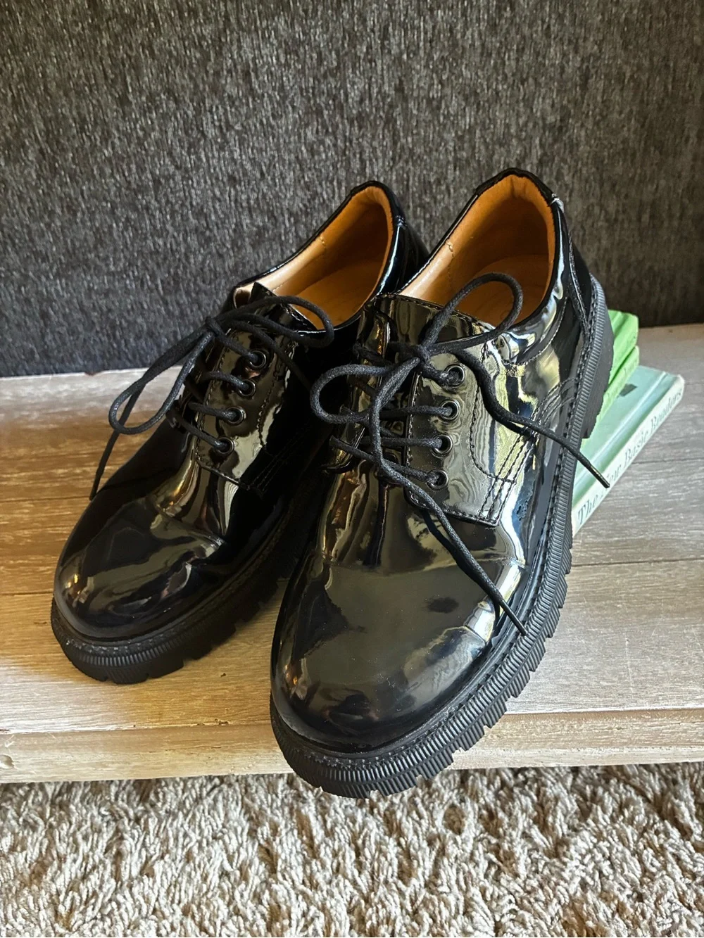 Women’s Black Patent Lace-Up Platform Oxfords With Lug Soles